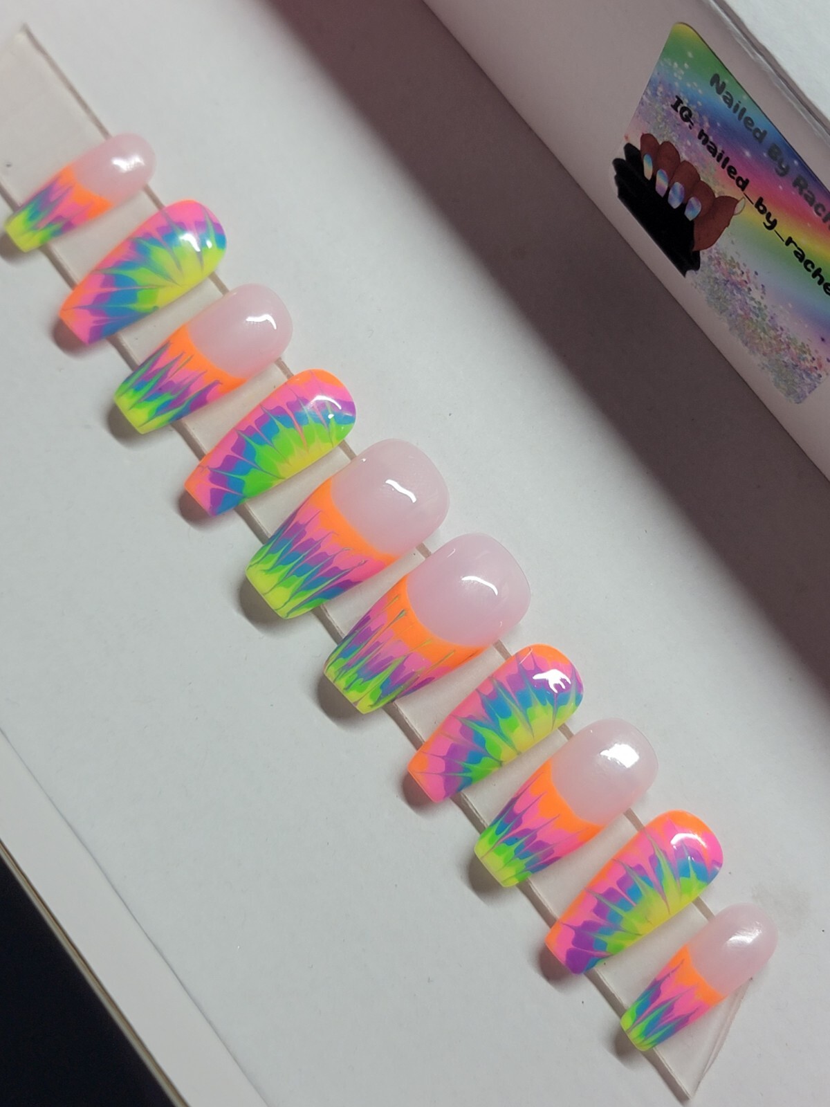 Rainbow neon tie-dye press on nails short coffin French tip pride nails