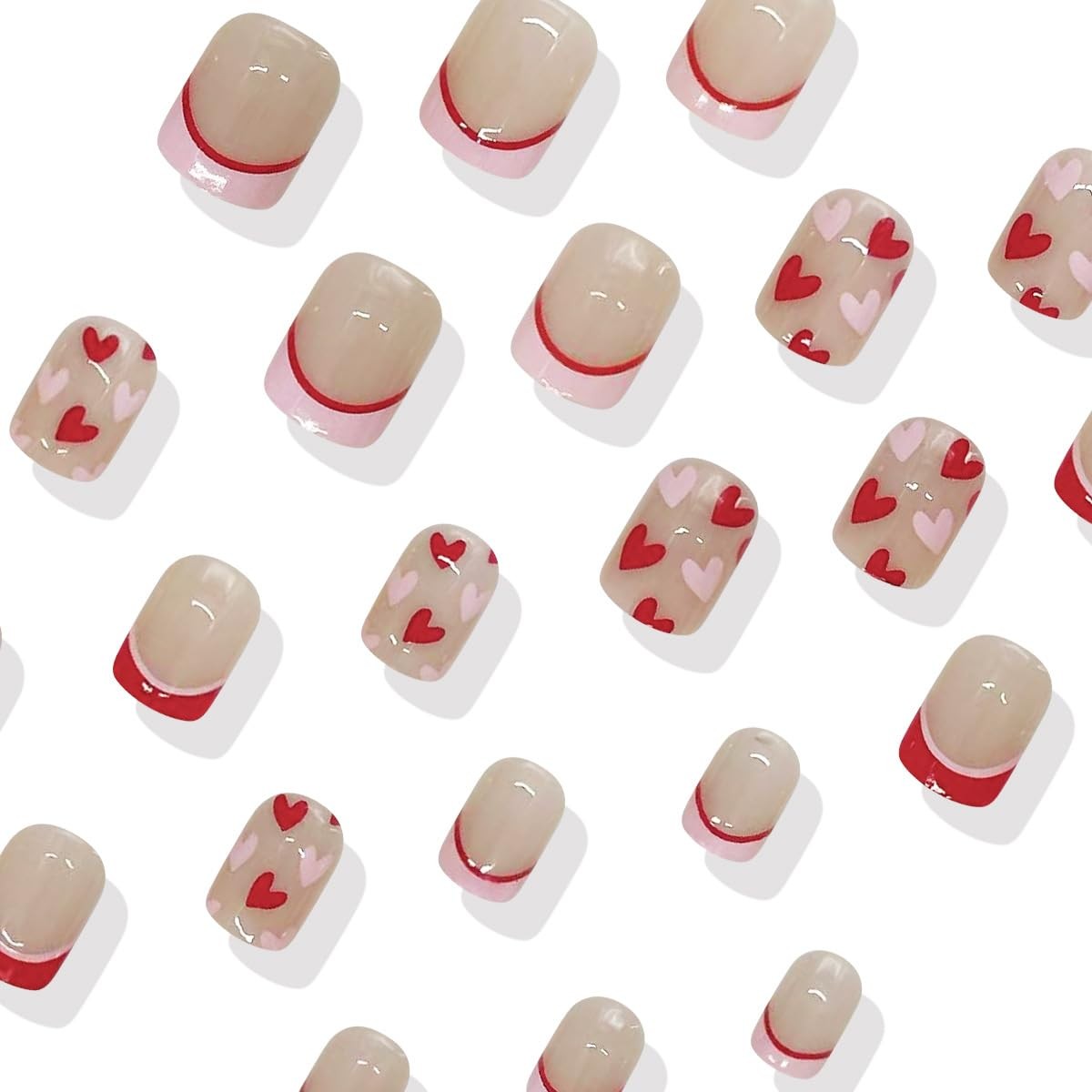 Heart Press on Nails Short Square Fake Nails Pink French Tip False Nails Cute…