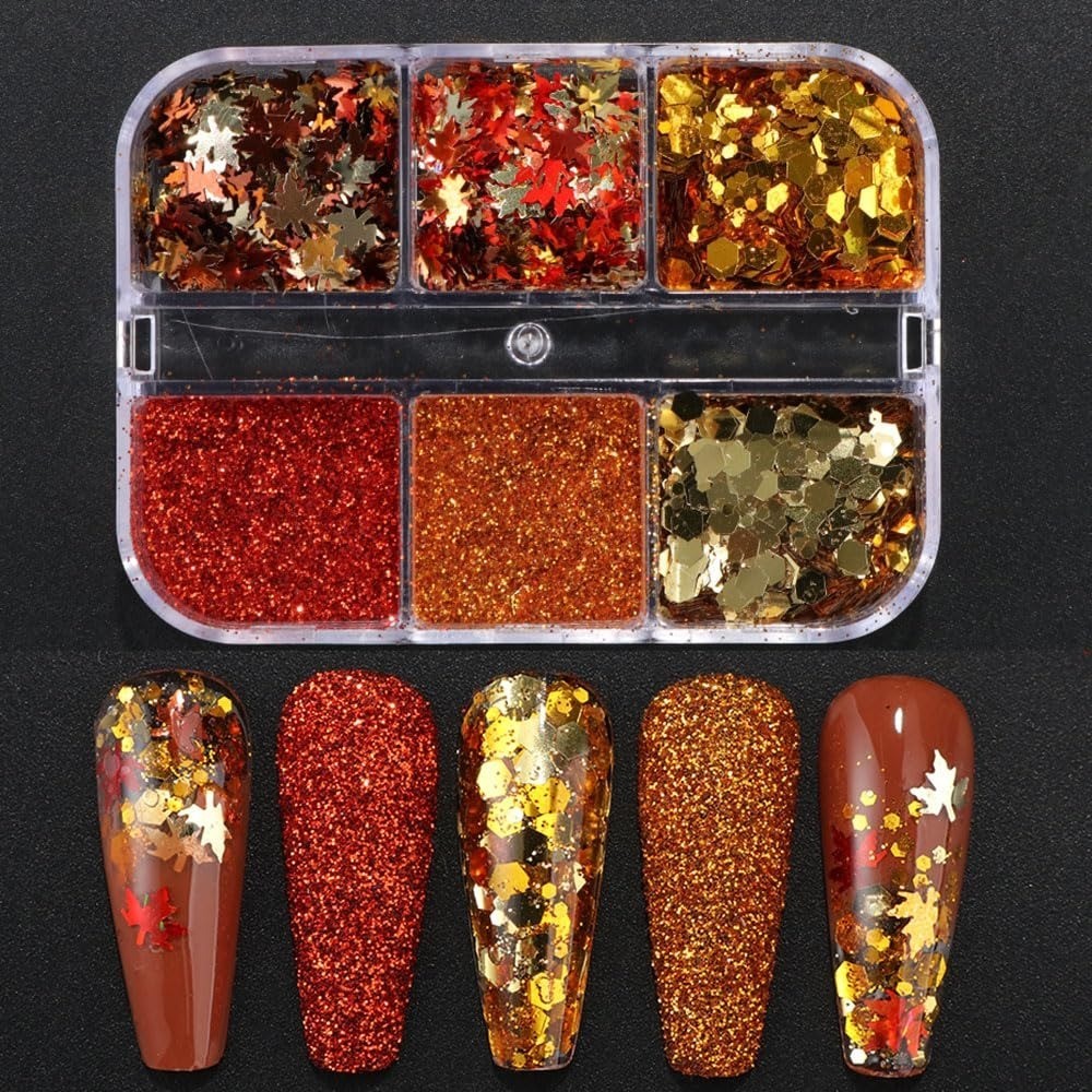 Fall Glitter Nail Art Sequins 6 Box Set Maple Leaf Gold Flakes 3D Decor