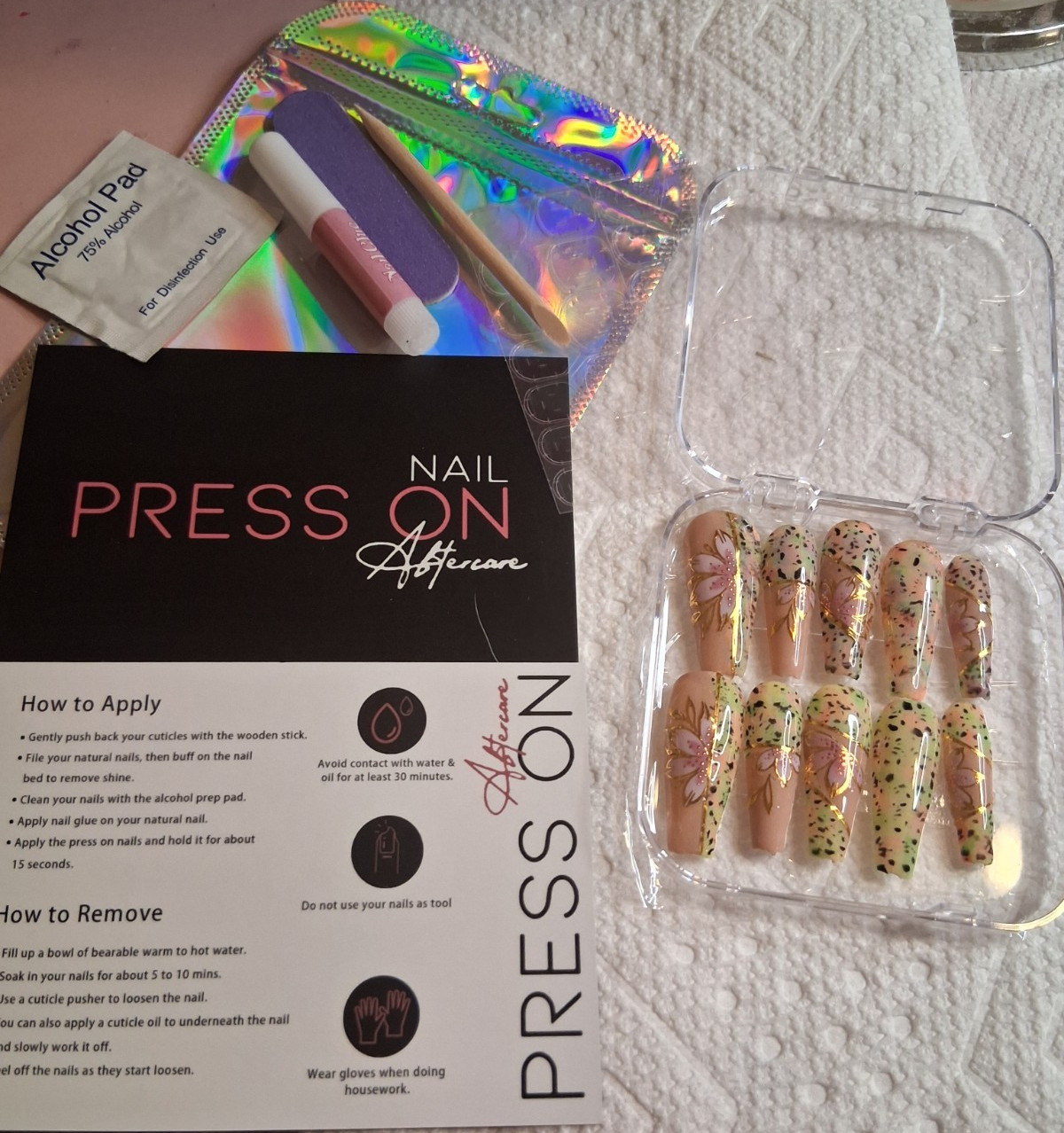 Aftercare beige pink green black 3D floral long coffin press-on nails set