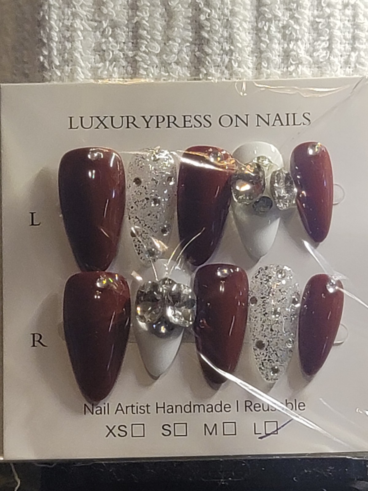 Handmade 10 PC Set Nails Mauve Silver Gem And White Spkl, Sz L Med Almond