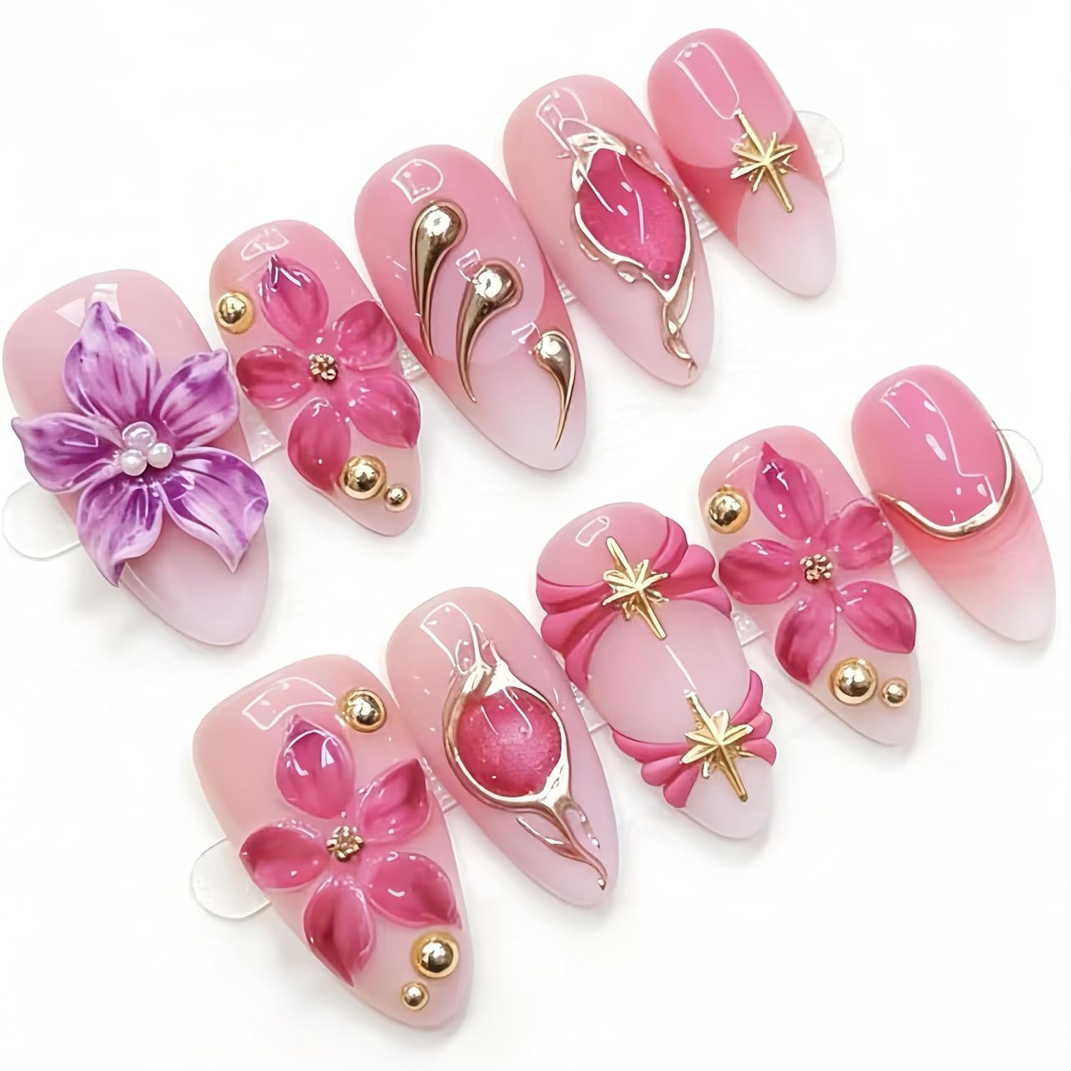 24Pcs Pink Summer Press on Nails Medium Almond Fake Nails with 3D Gold Beads Pin
