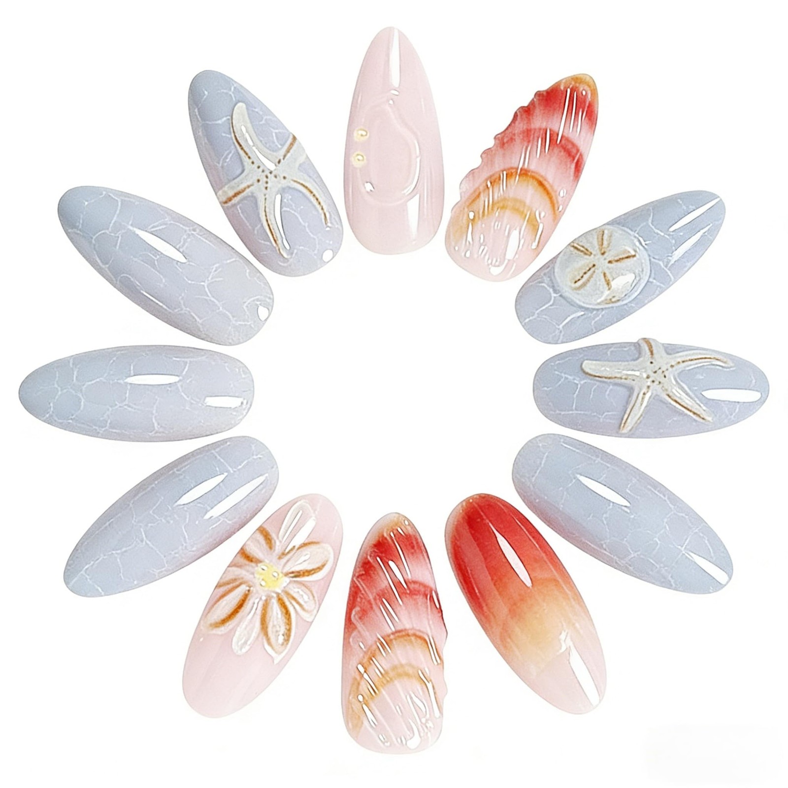 Summer Ocean Press on Nails Almond Medium Fake Nails with 3D Shells Starfish …