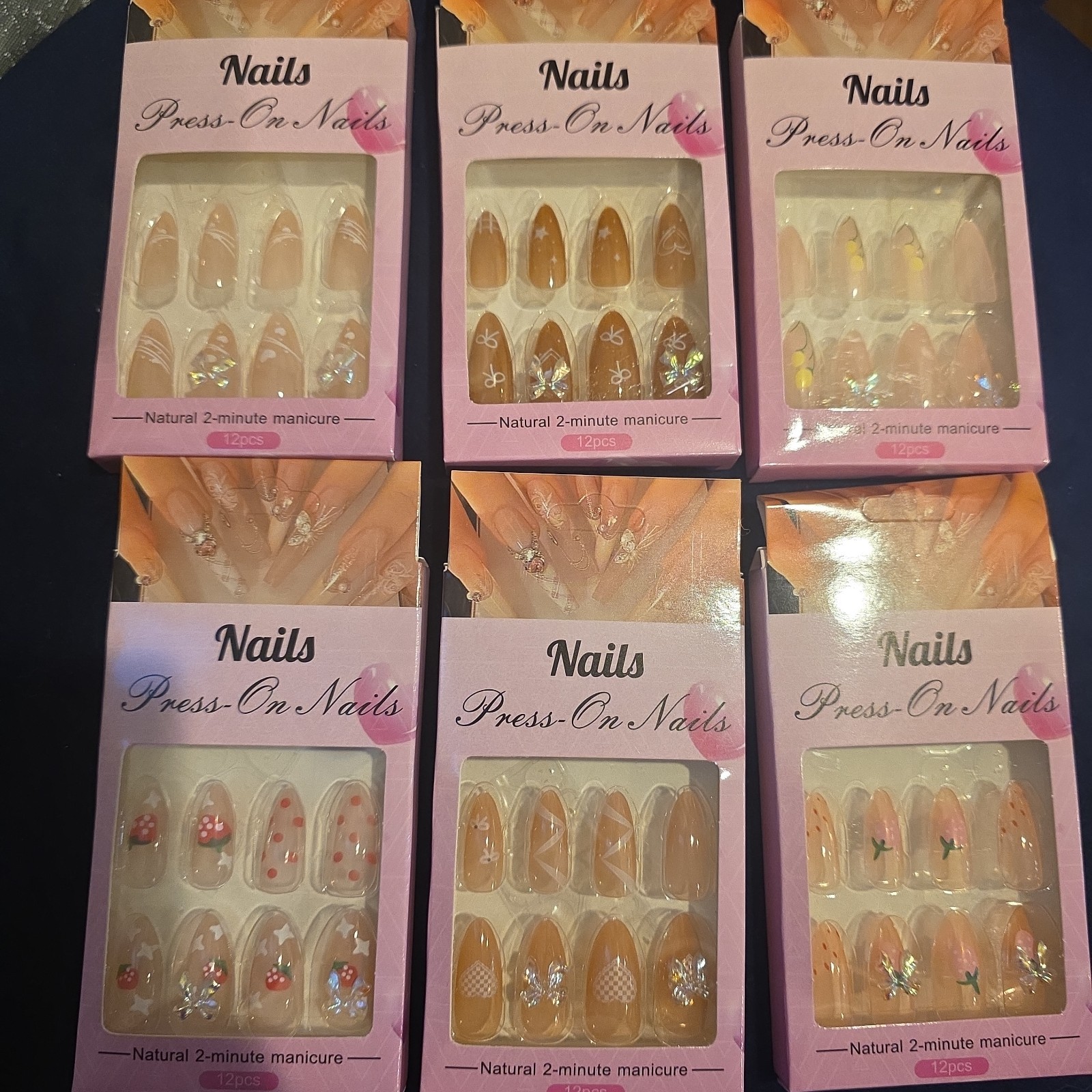Nails Press On Nails Lot of 6 Packs Cute Strawberry Lemon Almond DIY Nail Kit