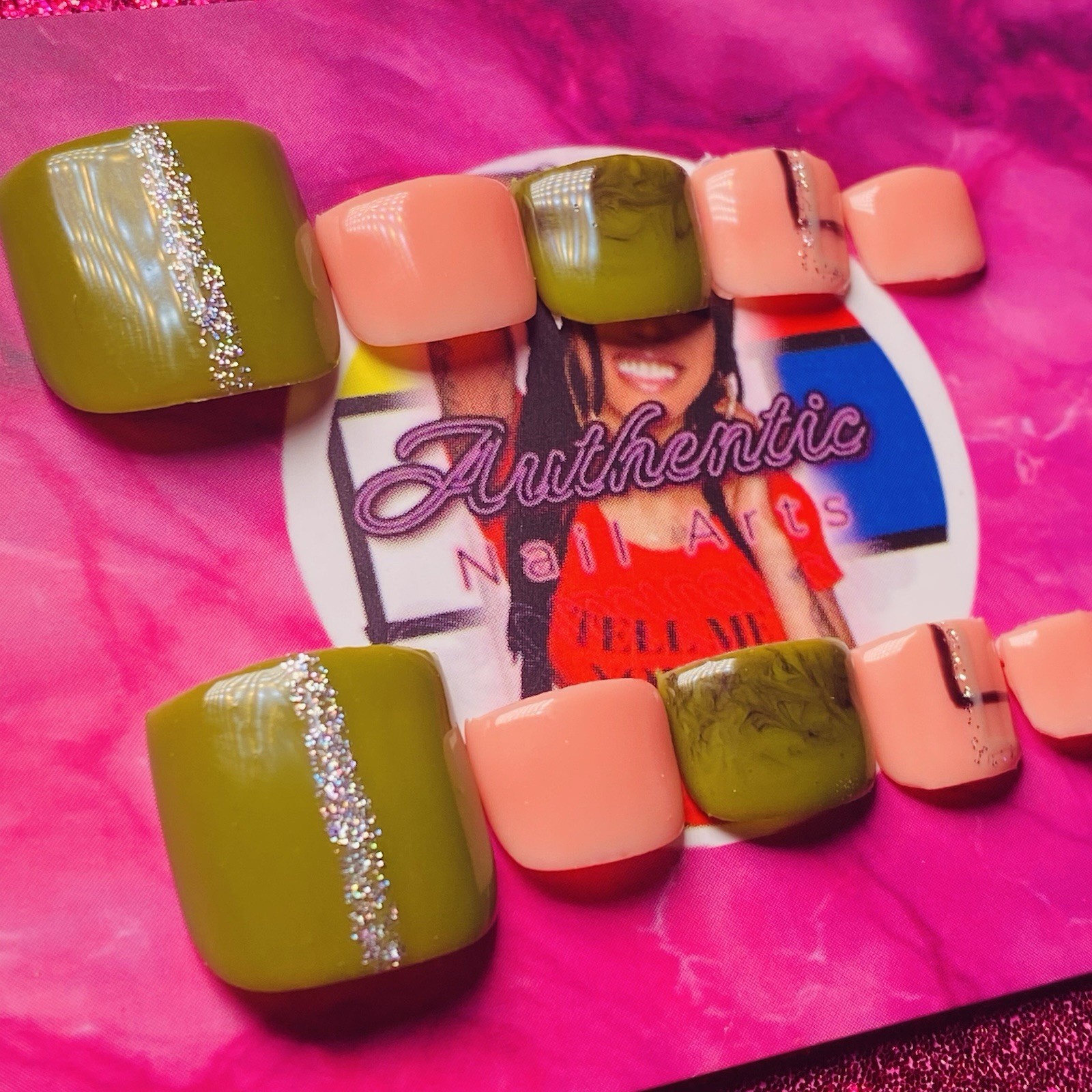 Square Press-On Nails Olive Green Peach Marble Glitter by Authentic Nail Arts