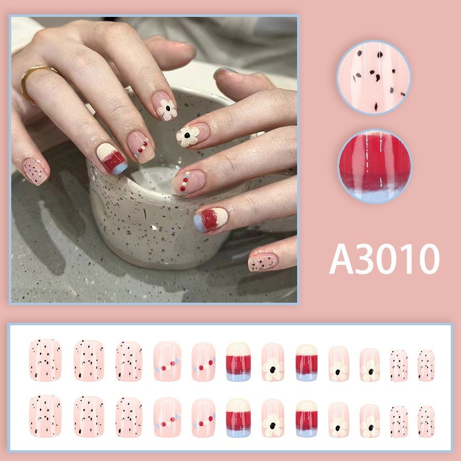48pcs Short Oval Press on Nails, Nude Base Red White Floral Dot Casual Nails