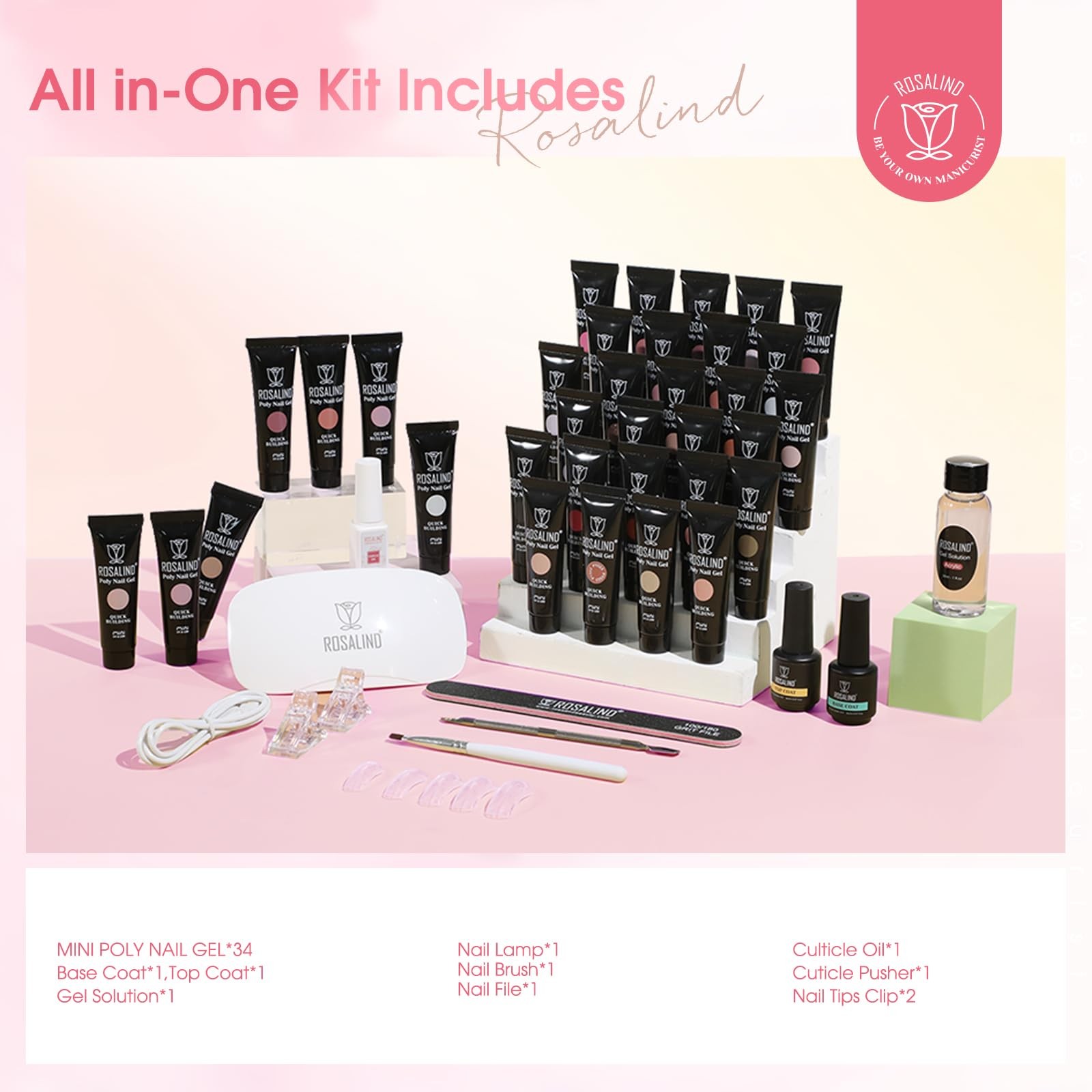 ROSALIND Poly Nail Gel Kit -34 Colors + White Brown Accessories Clear Nude Po…