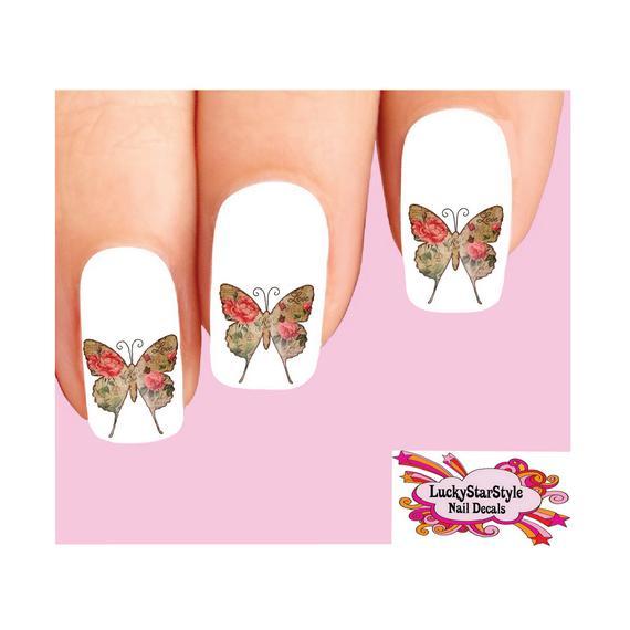 Waterslide Nail Decals Set of 20 – Vintage Victorian Butterfly with Pink Roses