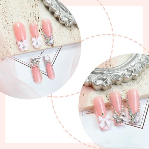 Long Square Press On Nails French Tip White Fake Nails with Butterfly Charm