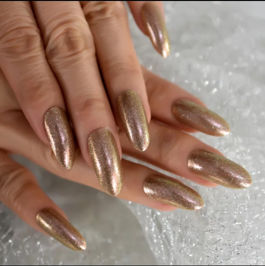 24 Press on nails kit w glue Long oval almond champagne glitter gold bronze rose