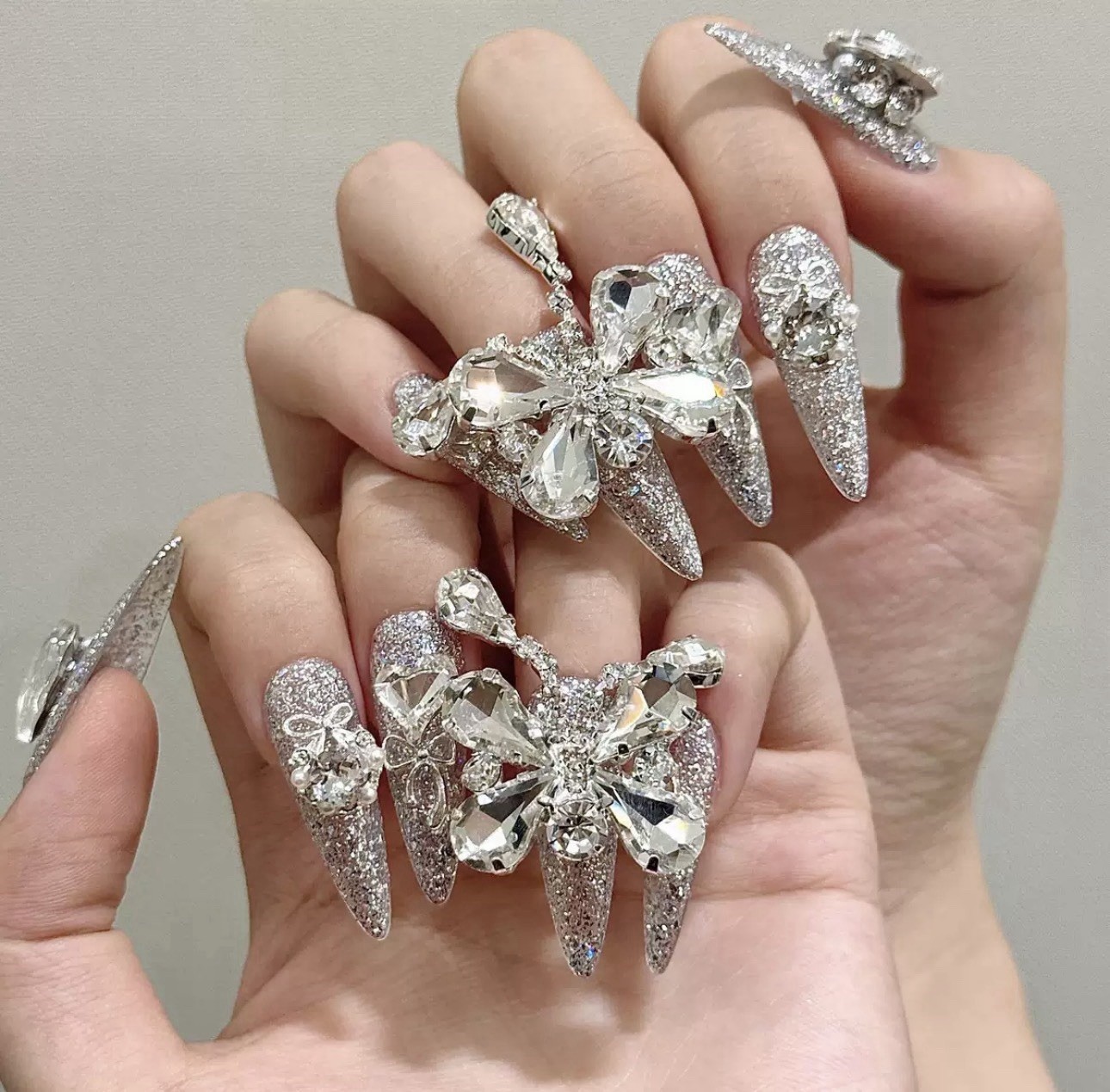 Luxury Silver Crystal Butterfly Press On Nails | Extra Long Stiletto Rhinestone