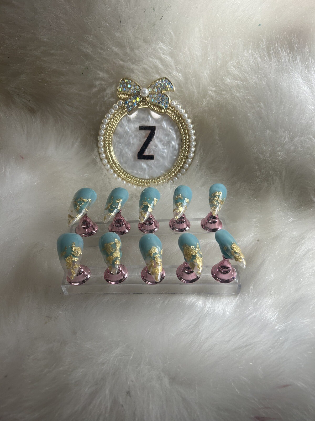 Z NAILZ! Handmade L Stiletto Mint Green/Clear With Gold Flakes Press On Nails