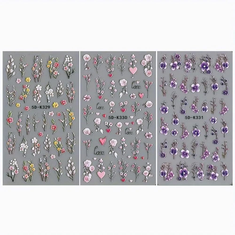 Purple Flower Nail Stickers 5D Embossed Branch Flowers Leaf Art A1