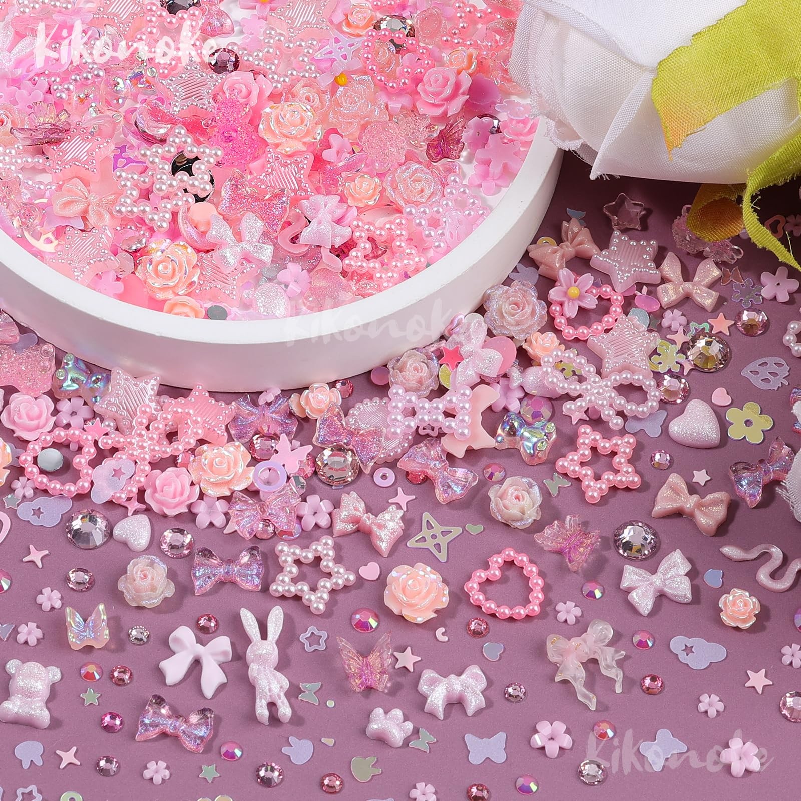 400Pcs Pink Nail Charms Kit, 3D Nail Gems and Rhinestones Flatback Pearls Mix…