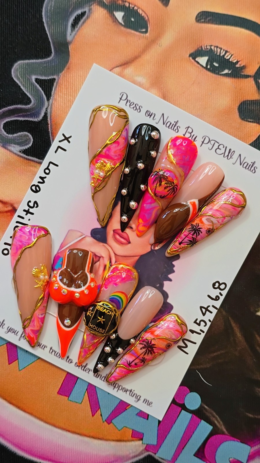 Handmade Gel Press On Nails,3D Summer Set Medium Size 1,5,4,6,8 XL Long Stiletto