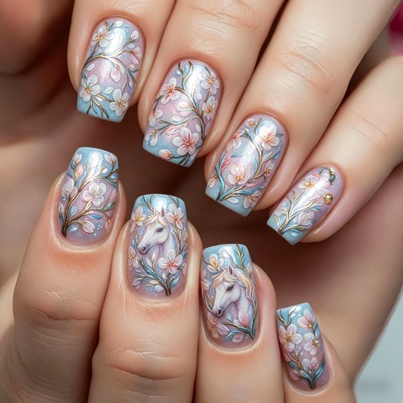 96Pcs Short Square Nails, Cute Cat Unicorn, Flower & Bird Hand Painting