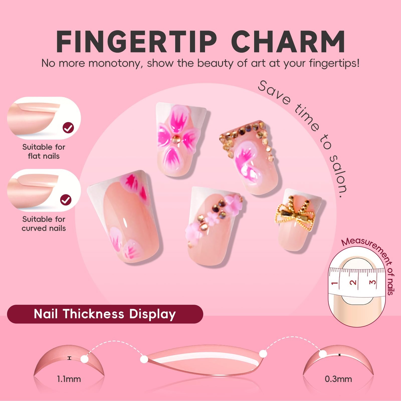 3D Hot Pink Flower Summer Beach Press on Nails Short Duck Shaped,Cute Gold Bo…