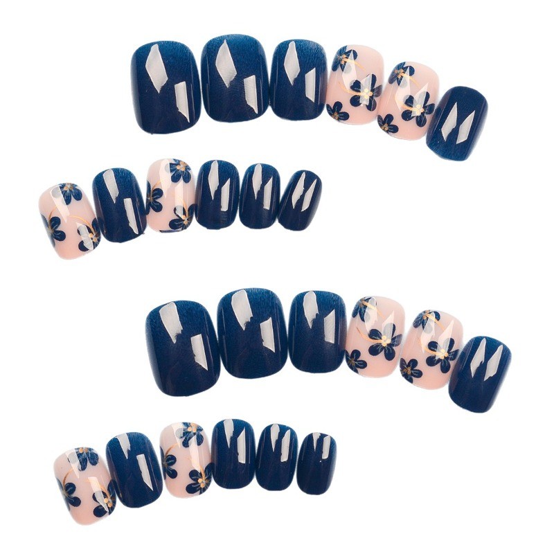 48PCS Retro Pink Base Blue Flower Gold Thread Nail Pressing Reusable Fake Nail