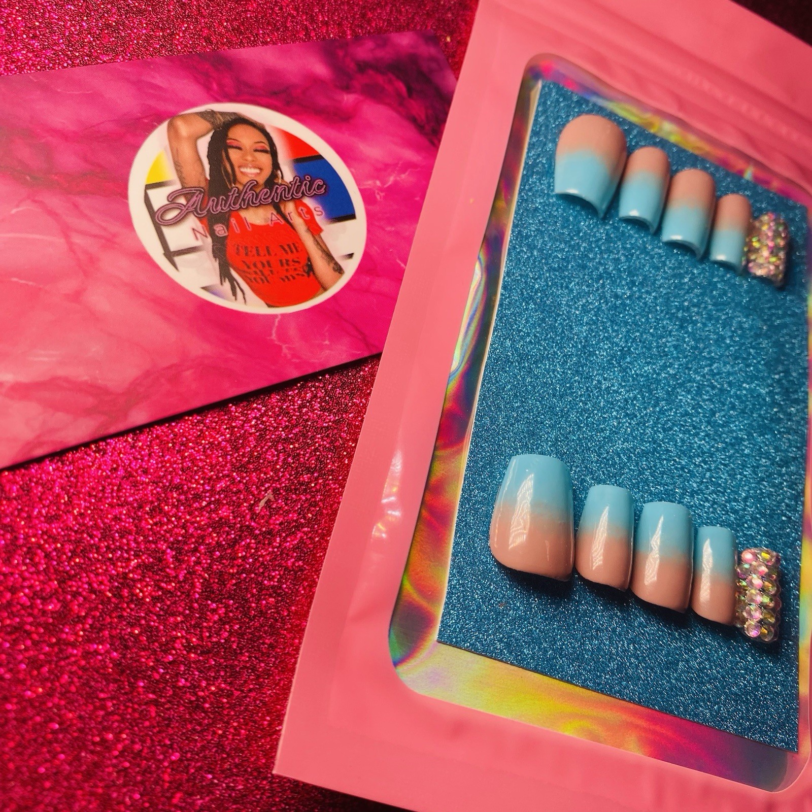 Square Press-On Nails Blue Nude Ombre Sparkle Shiny by Authentic Nail Arts