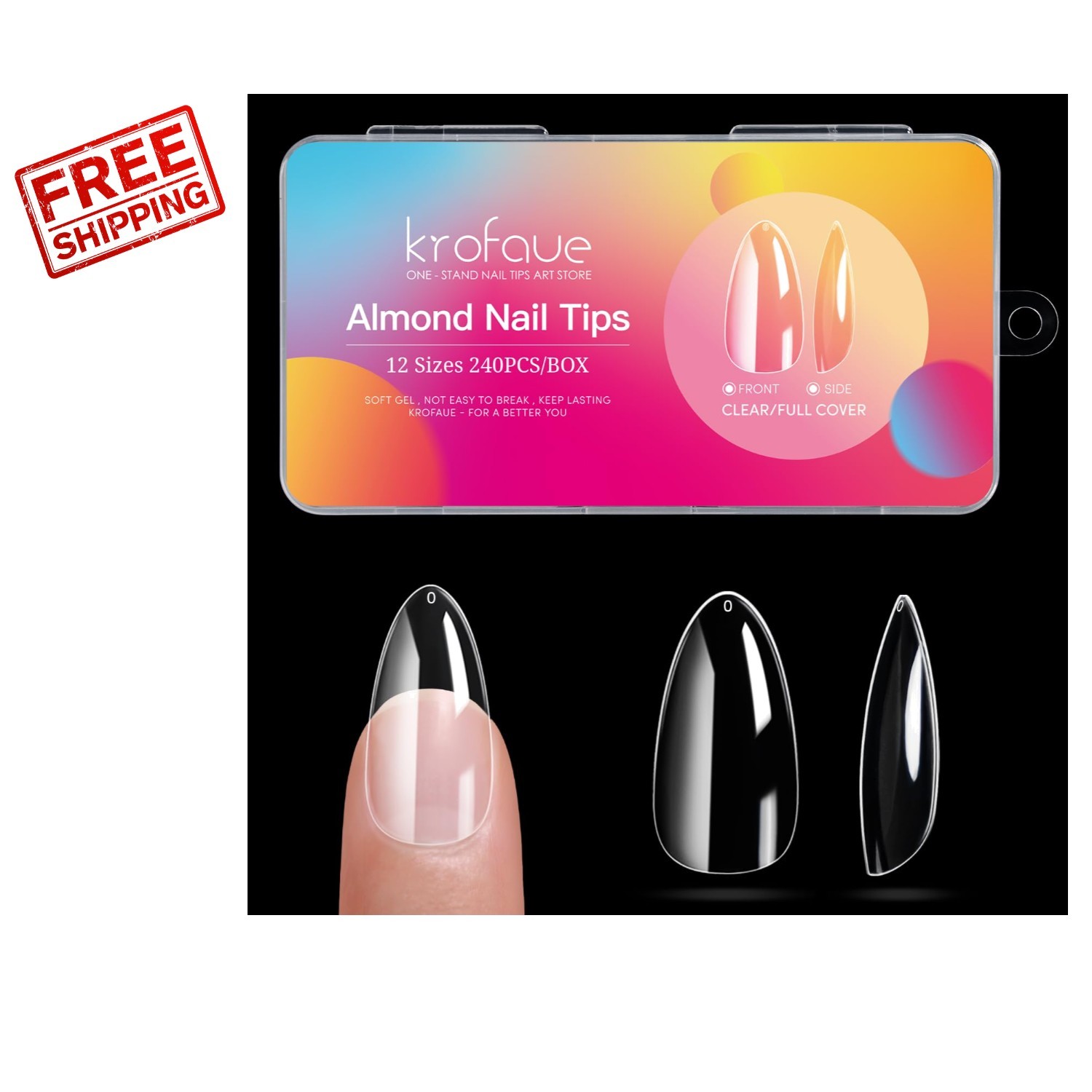 Clear Almond Nail Tips 240 Pcs – Glossy Finish with No Crease for Perfect Fit