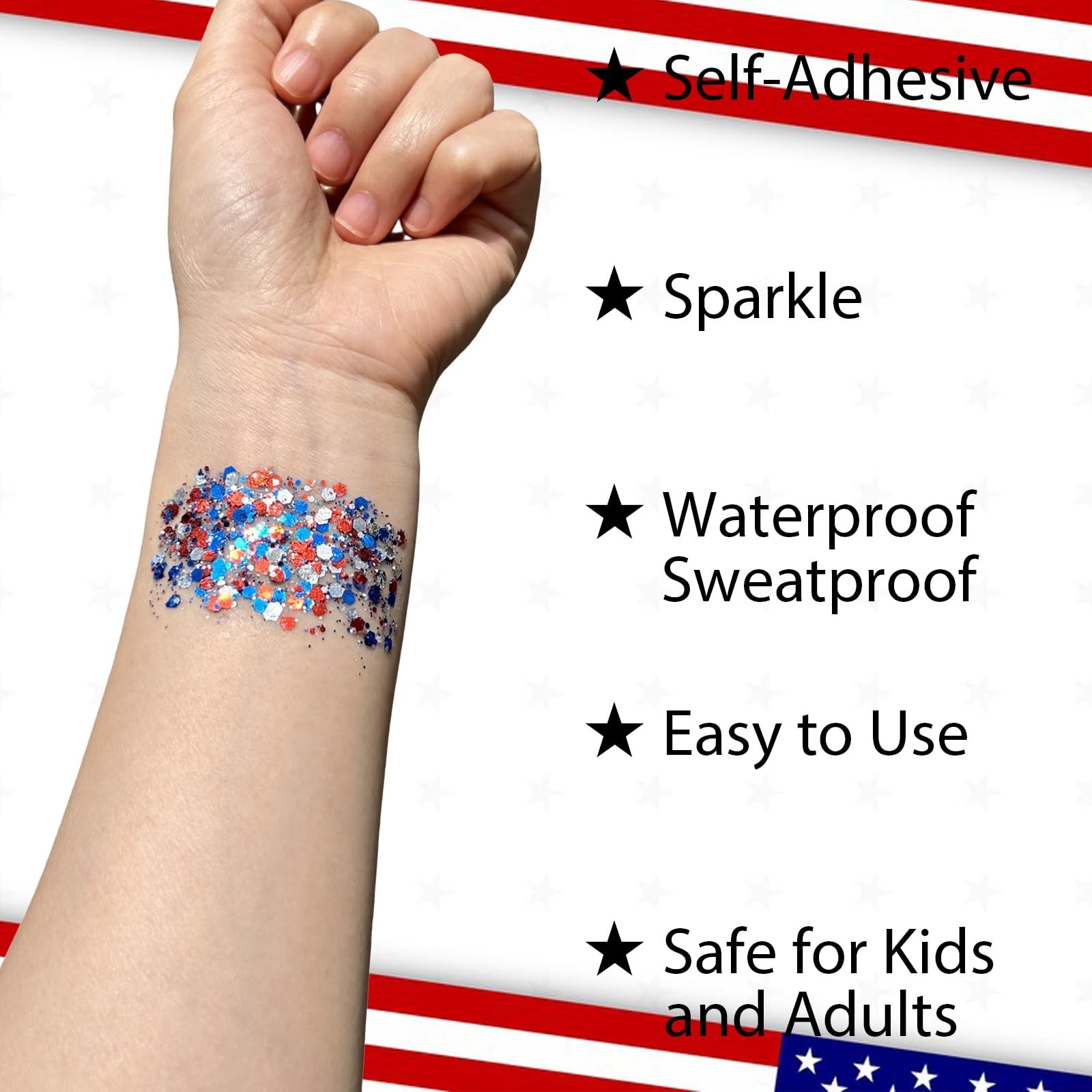 Patriotic Red White and Blue Body Glitter Stick,4Th of July Accessories,Sparklin