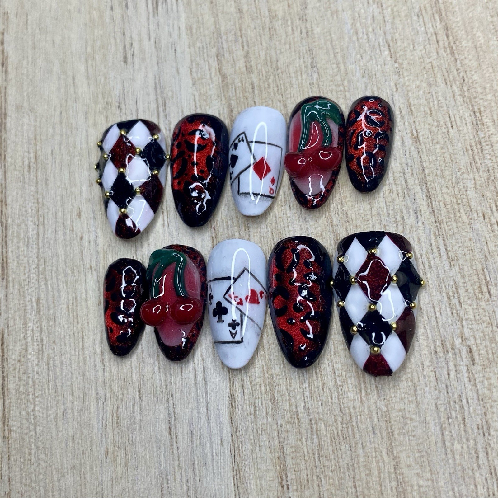 Red Black White Cherry 3D Press-On Nails | Acrylic Full Cover Long Almond