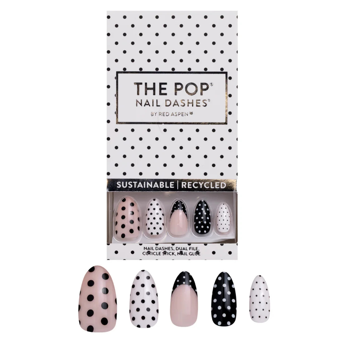 Red Aspen Press On Nails- Dyneil’s Darlin’ Dots Medium Almond Dots Black & White