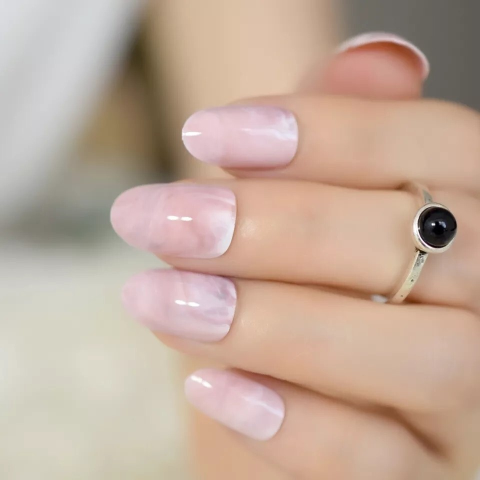 24 Rose Quartz Press On Nails Glue On Kit Pink Marble Almond oval short medium