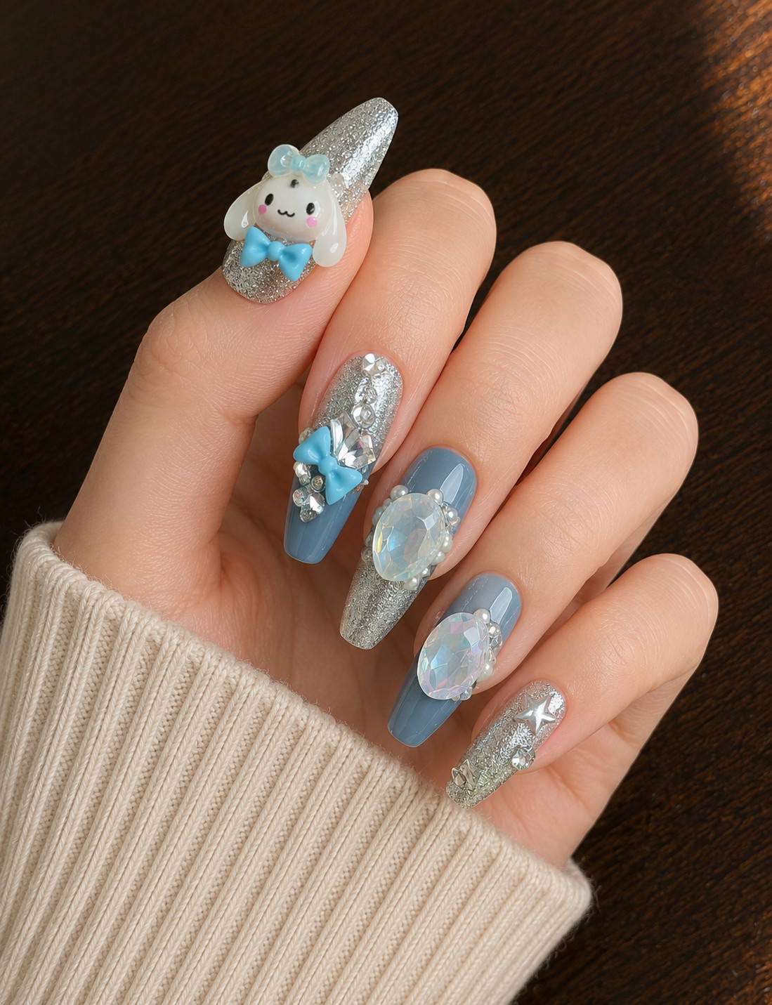 Cinnamoroll Press-On Nails | Blue French Tip | Medium Coffin | 10-Piece Set