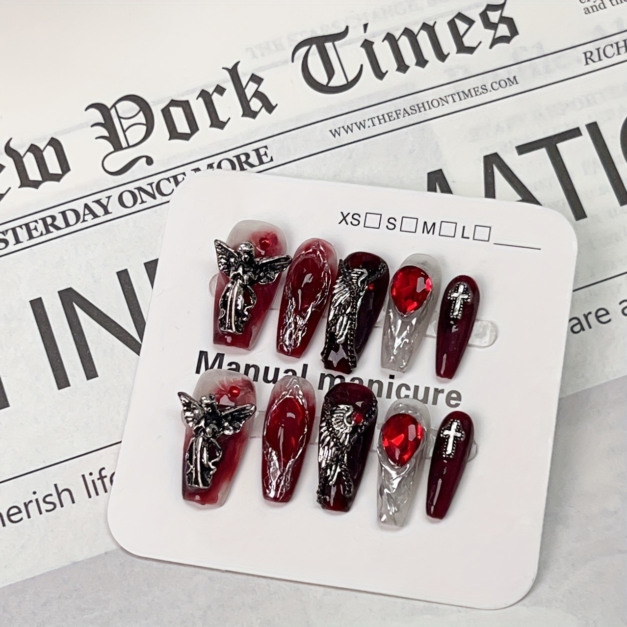 10Pcs Handmade Ballet Coffin Nails, Black Metallic Luster, Removable For Parties