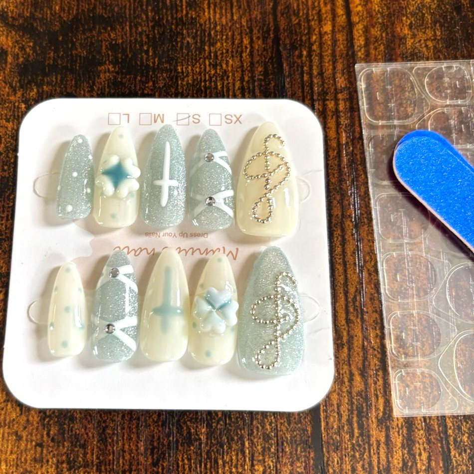 White Silver Blue Glitter Long Almond Press-On Nails Set, Cross, Full Cover
