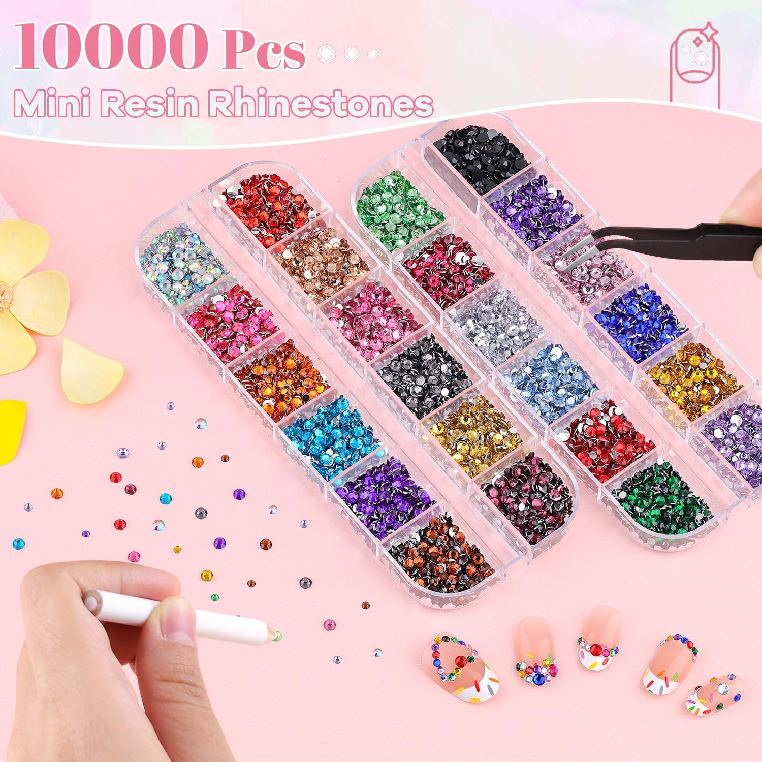 10000Pcs Small Resin Rhinestones for Nail Art, Colorful 2/3MM Flatback Bedazzlin