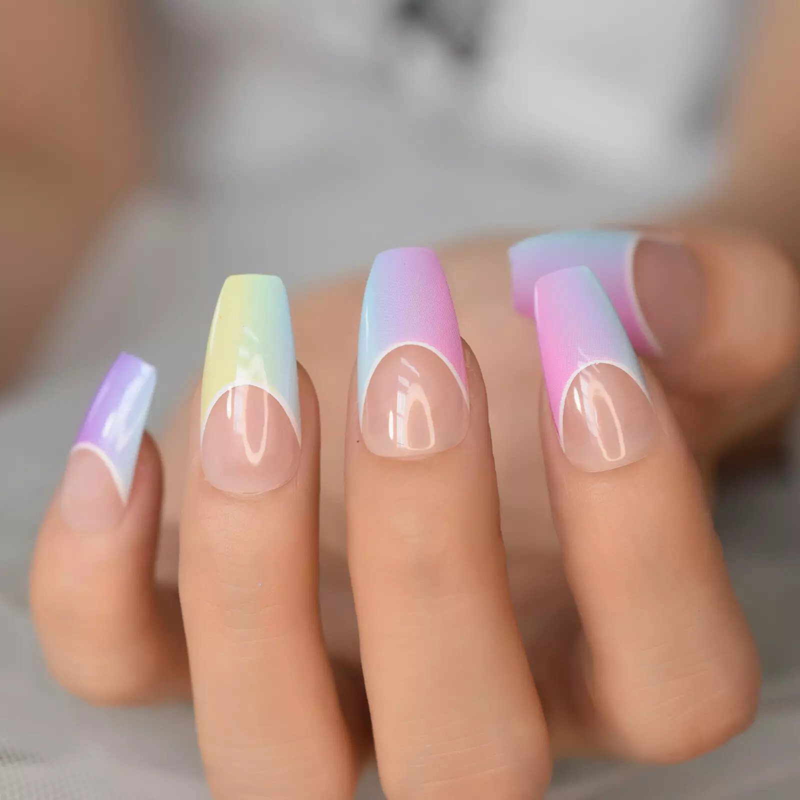 Colorful French Ombre Medium Coffin Press On Nails, Glue On False Set 24 pcs Kit