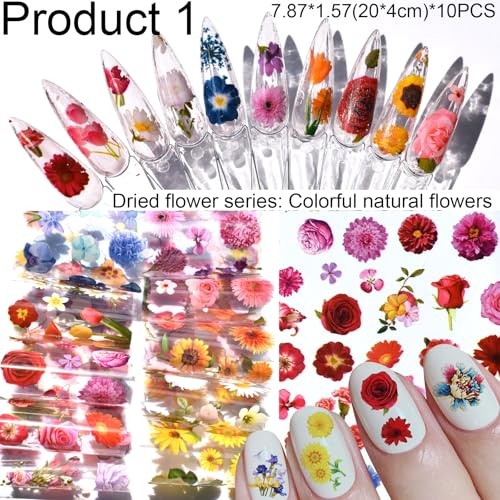 Nail Art Transfer Foils Pieces, Mixed Designs – Dried Flowers, Iridescent, 60