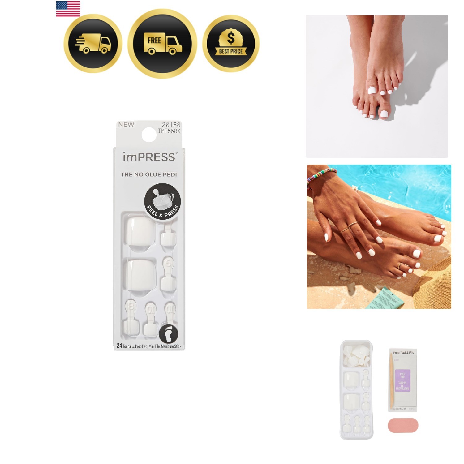 No Glue Mani Press On Nails, Color, ‘Feel The Beat’, White, Short Size, Squov…