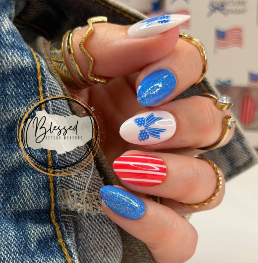 Red Aspen All American Girl Ash Patriotic 4th of July Press On Nails Almond MED
