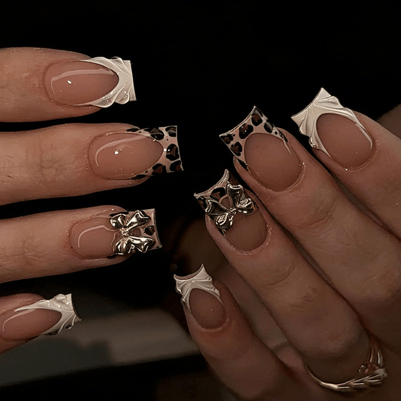 48pcs Short Square Press on Nails, Nude Leopard Gold Bow Wavy French Nails