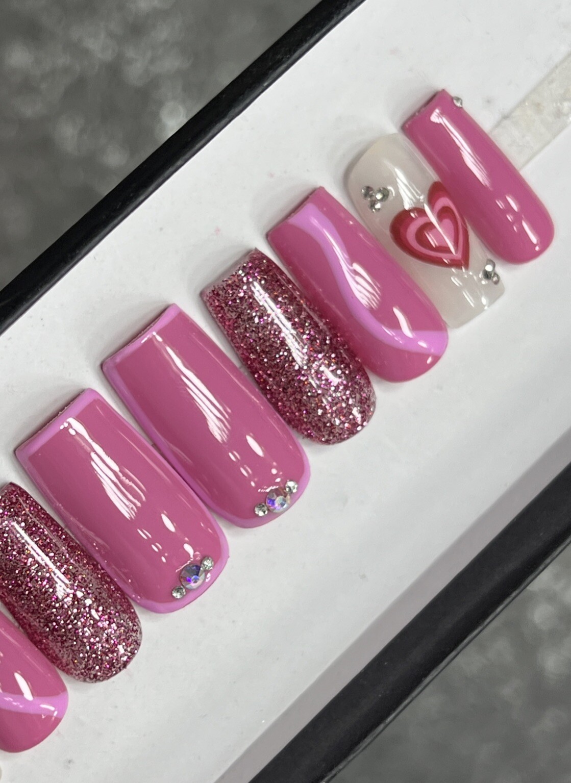🤍 CUSTOM Hard Gel Press On Nails, Flower Pink Nude BLING 10p FULL SET W Kit