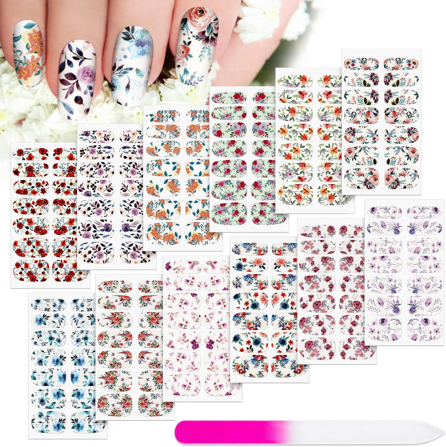 168 Pieces 12 Sheets Full Wraps Nail Polish Stickers Flower Print Self-Adhesive