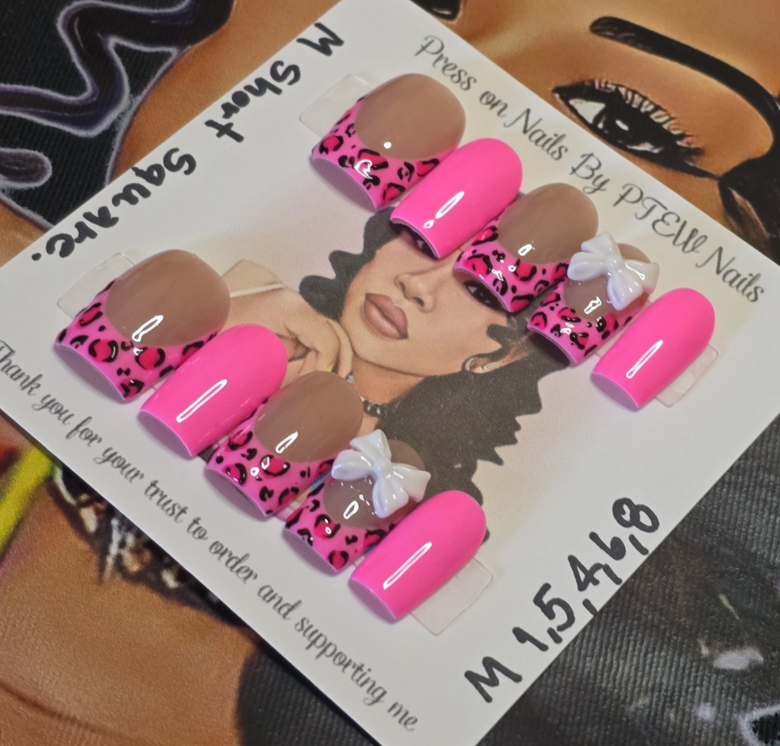 Handmade Press On Nails, Pink Cheetah , Medium Size 1,5,4,6,8 M Short Square