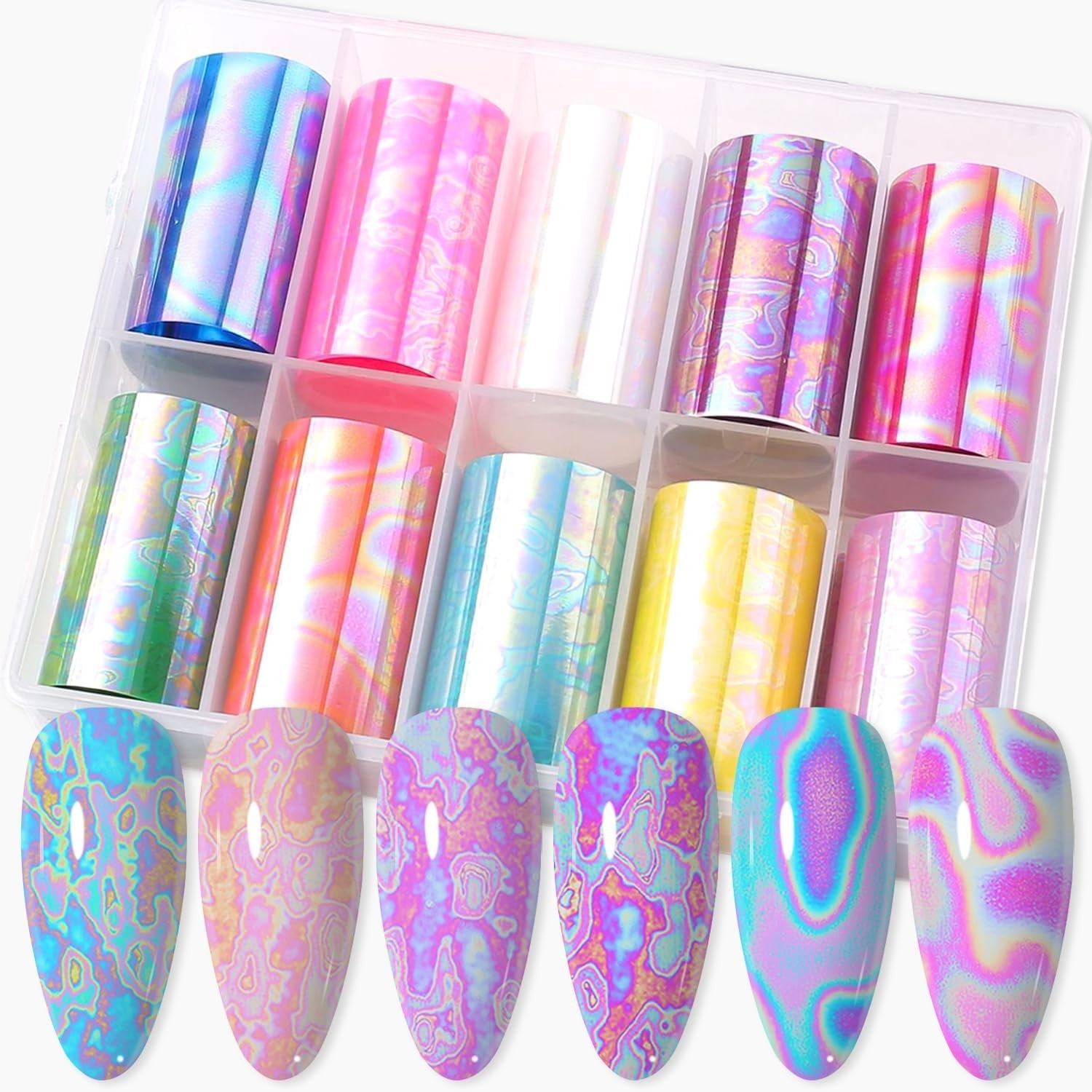 10 Rolls Nail Foil Transfer Sticker Kit Nail Foil Sheets Solid Aurora Iridescen
