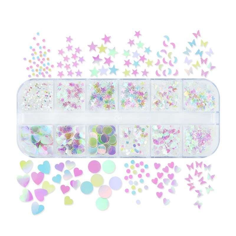 Glitter Nail Art Sequins 12 Grids Butterfly Star Heart Circle Shapes DIY Decor
