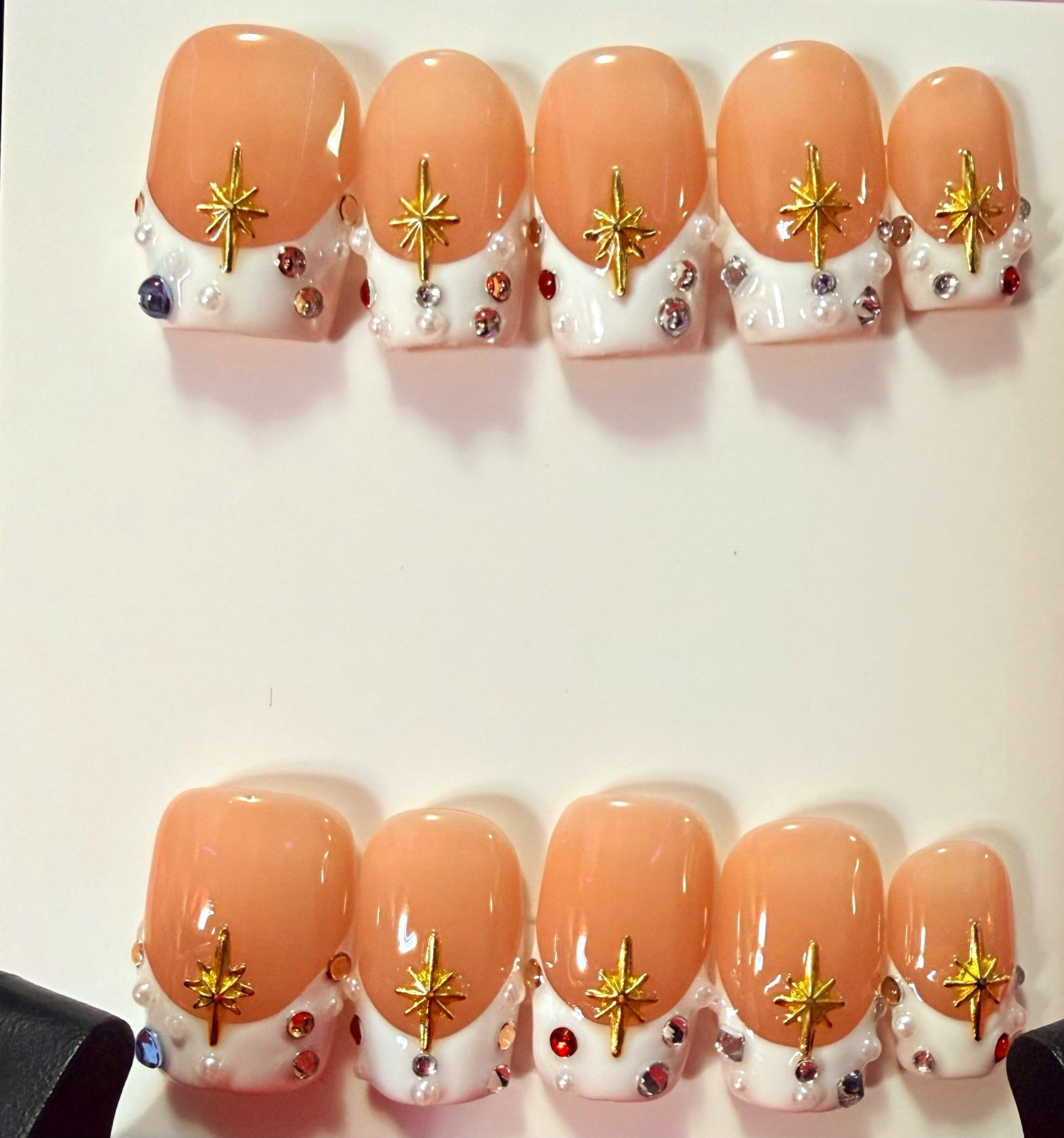 Beige/White/Gold 3D Star Square Press-On Nails Set, Short, Pre-Designed