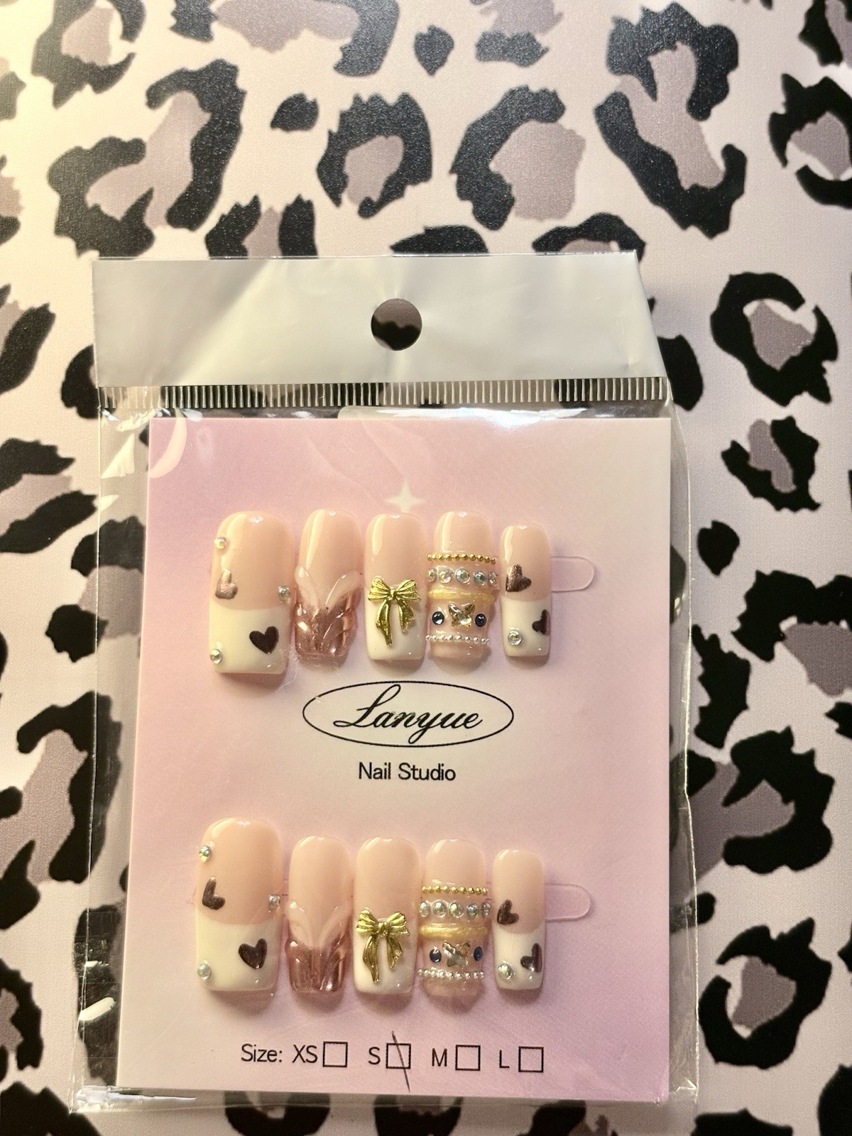 Lanyue Nail Studio Press-On Nails Pink White Gold 3D Heart Pre-Designed
