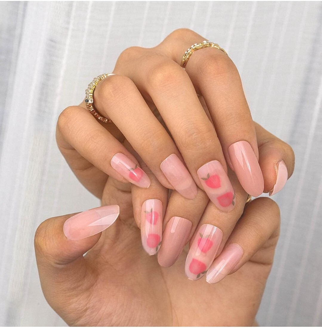Kawaii Peach long oval Press on nails with glue 24 pink nude