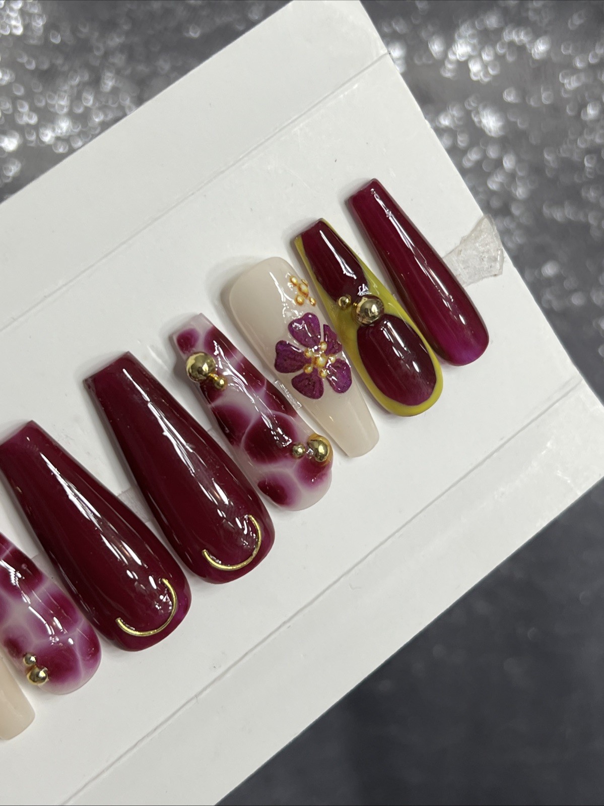 💜✨ Luxury Gel Press On Nails, PLUM FLOWER , LONG COFFIN 10p Set W/ FULL KIT