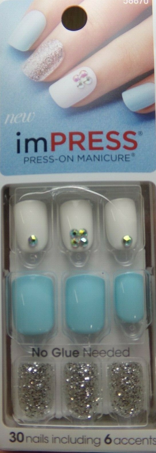 KISS IMPRESS NAILS PRESS ON SHORT Mint Blue , White, Silver Glitter ultra fit