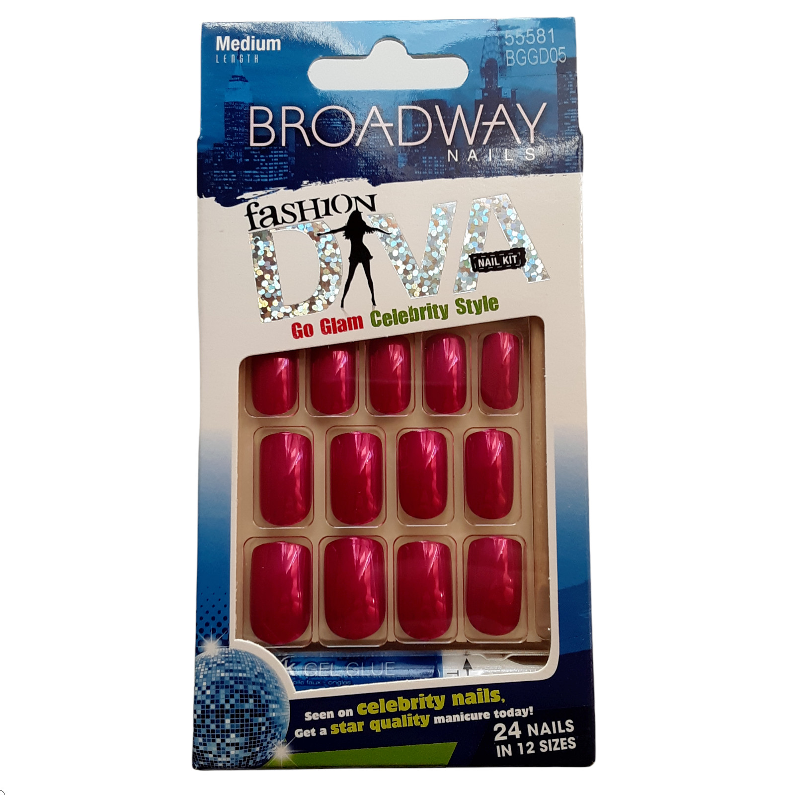 Broadway Fashion Diva Glue On Nails Medium Shimmer Metallic Fuchsia BGGD05