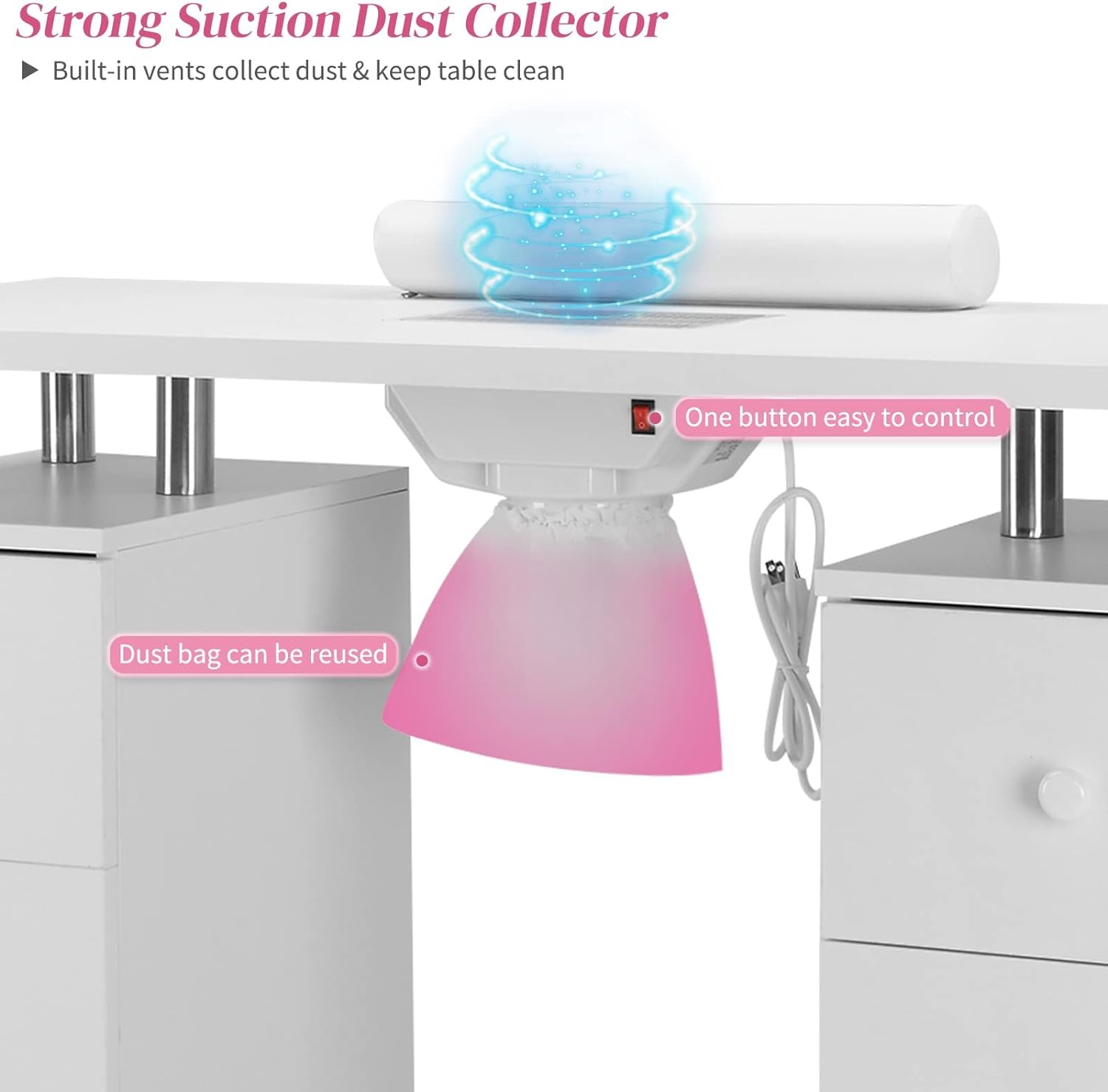 Pro Manicure Nail Table Station Spa Beauty Salon Wheel Desk with Dust Collector