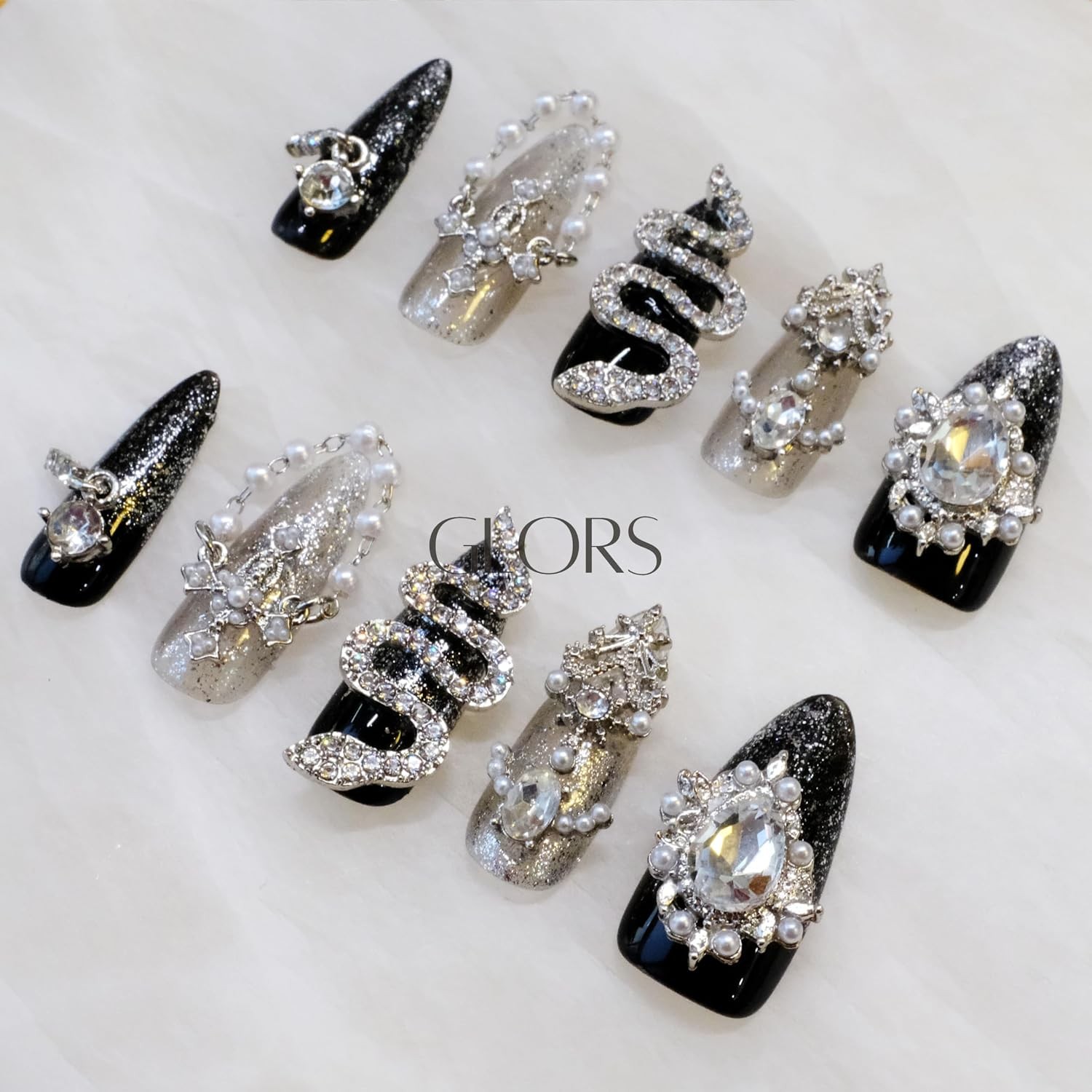GLORS Luxury Long Almond Press-On Nails, Black/Silver Glitter, 10 Pcs